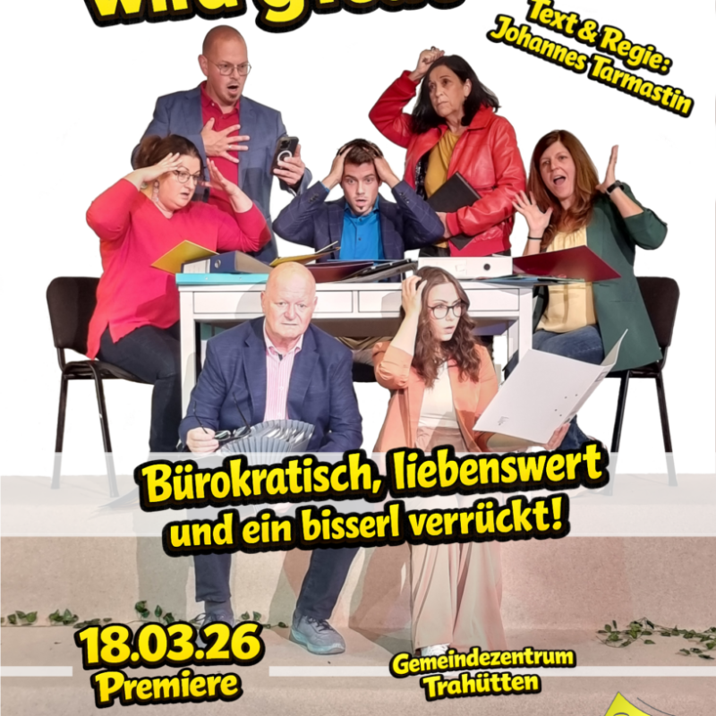 Ein Plakat für die Theateraufführung „Am Berg wird g'redt“ des Theatervereins Trahütten mit Premiere am 18.03.2026.
