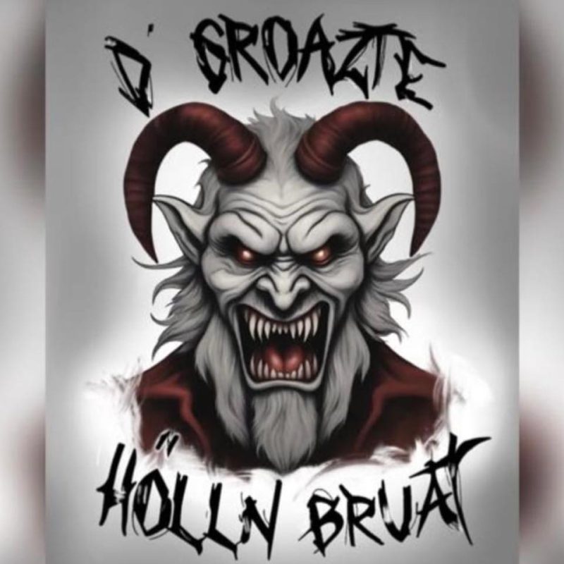 Ein Logo, das eine grimmige Krampus- oder Teufelsfigur mit großen Hörnern und scharfen Zähnen zeigt, umrahmt von dem Schriftzug „D'GROAZTE HOLLN BRUAT“.
