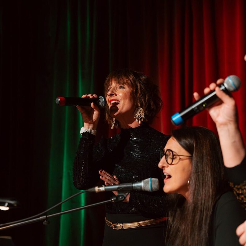 Drei Frauen singen lächelnd mit Mikrofonen auf einer Bühne vor grünem Vorhang. Das Bild zeigt eine Szene von „Weihnachten mit Ganserlhaut“.